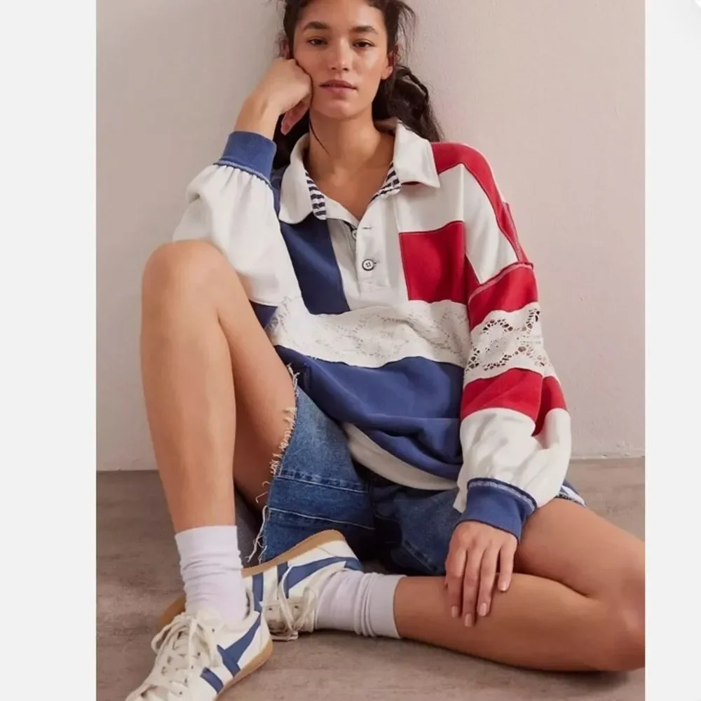 Free People We The Free American Dream Polo Pullover Top Striped